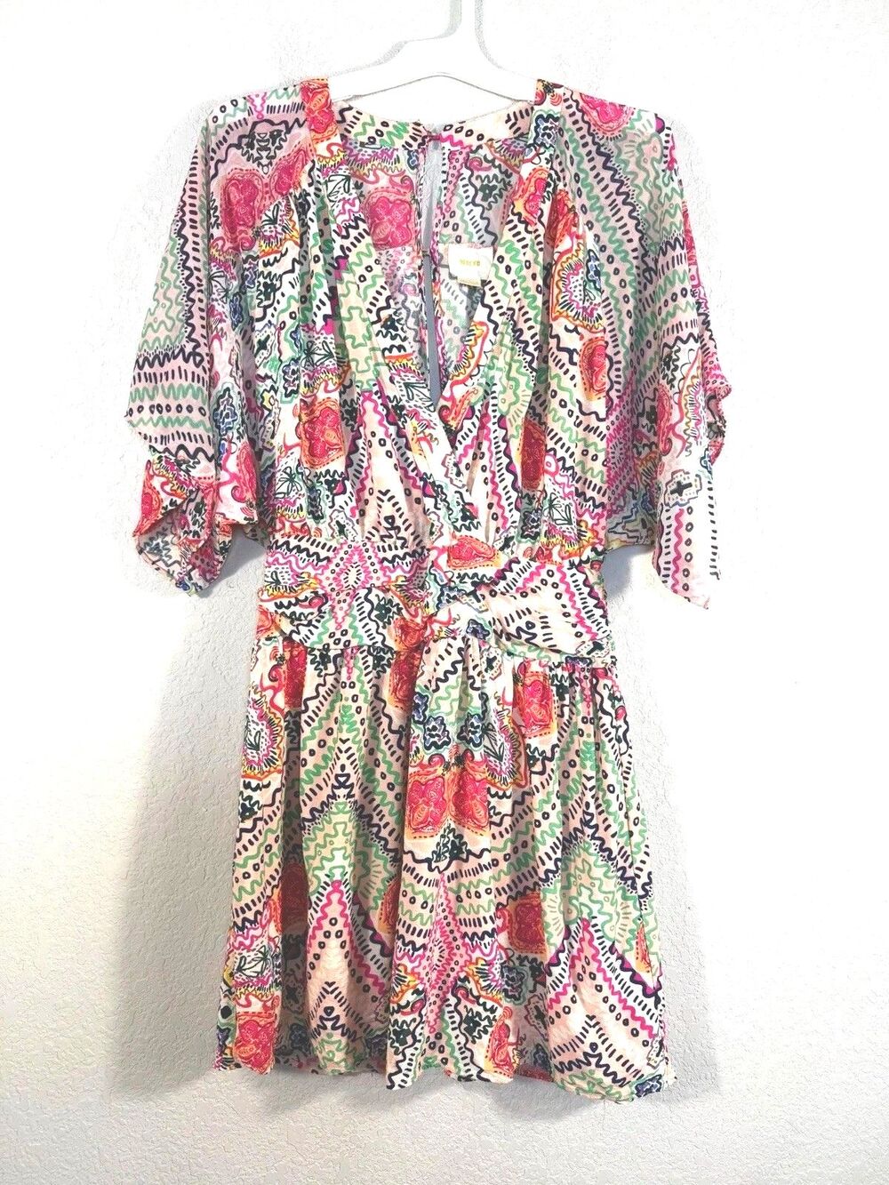 Maeve Anthropologie Graphic Print V-Neck Mini Dress 6 Back Kimono Sleeve Boho